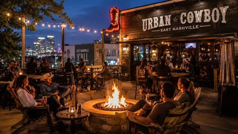 Urban Cowboy bar patio and firepit, East Nashville 