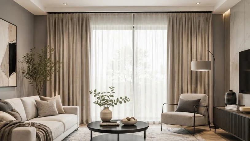 How to Choose Curtains for Living Room: The Complete Homeowner's Guide 2026 3 Neutral-colored curtains complementing modern décor