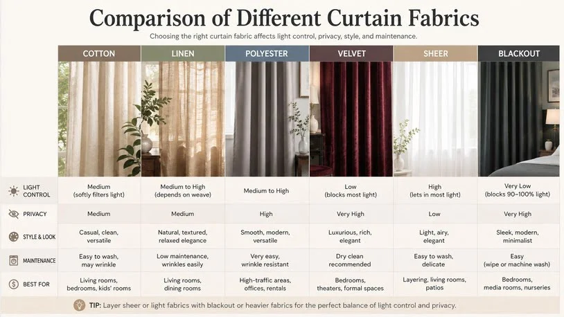 How to Choose Curtains for Living Room: The Complete Homeowner's Guide 2026 4 Comparison of different curtain fabrics