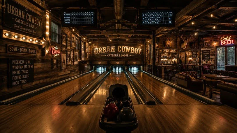Urban Cowboy bar bowling alley, Catskills lodge 