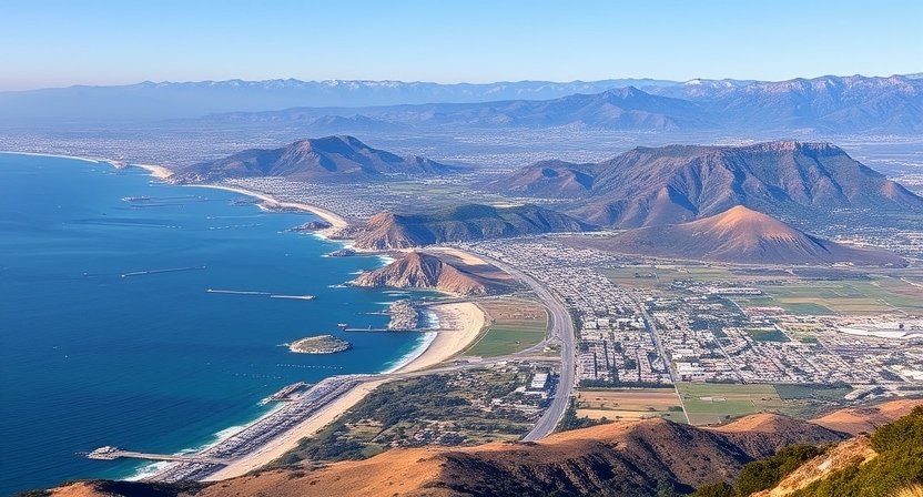 Scenic view of California coastline and mountains