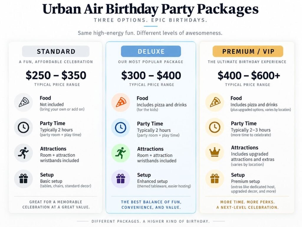 Comparison of urban air birthday party package tiers