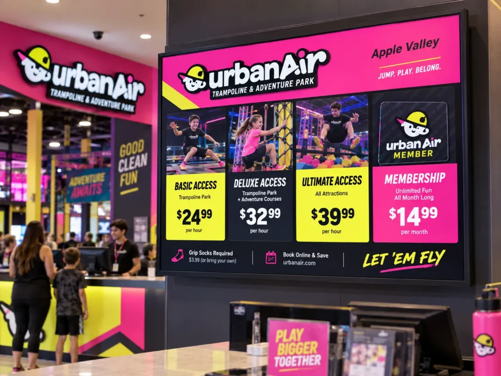 Urban Air Apple Valley ticket pricing board