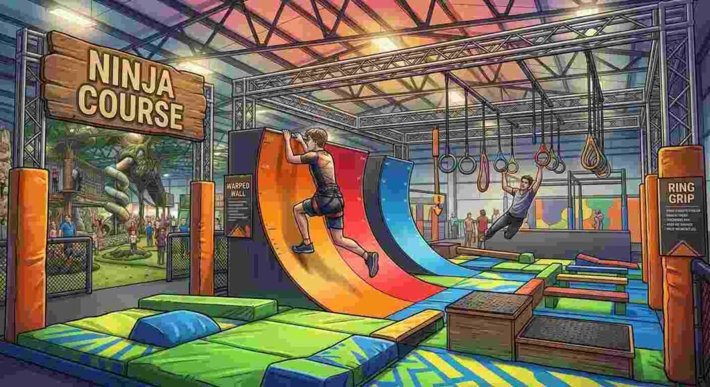 Urban Air Slides, Ninja Course & Ropes Course: Complete Attractions Guide 1 Person climbing a warped wall on the urban air ninja course