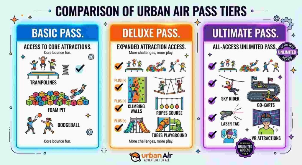 Urban Air Ultimate Pass Guide: Membership, Gift Card & Cancellation Tips 1 Comparison of Urban Air Basic, Deluxe, and Ultimate Pass attraction access