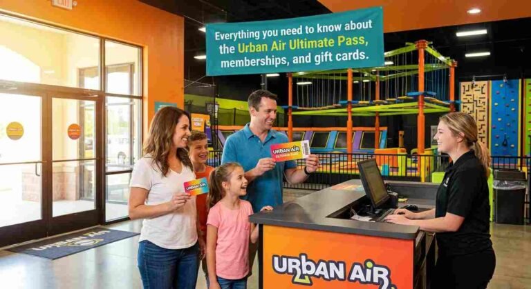 Urban Air Ultimate Pass Guide: Membership, Gift Card & Cancellation Tips 19 Family holding an Urban Air Ultimate Pass and gift card at an indoor adventure park