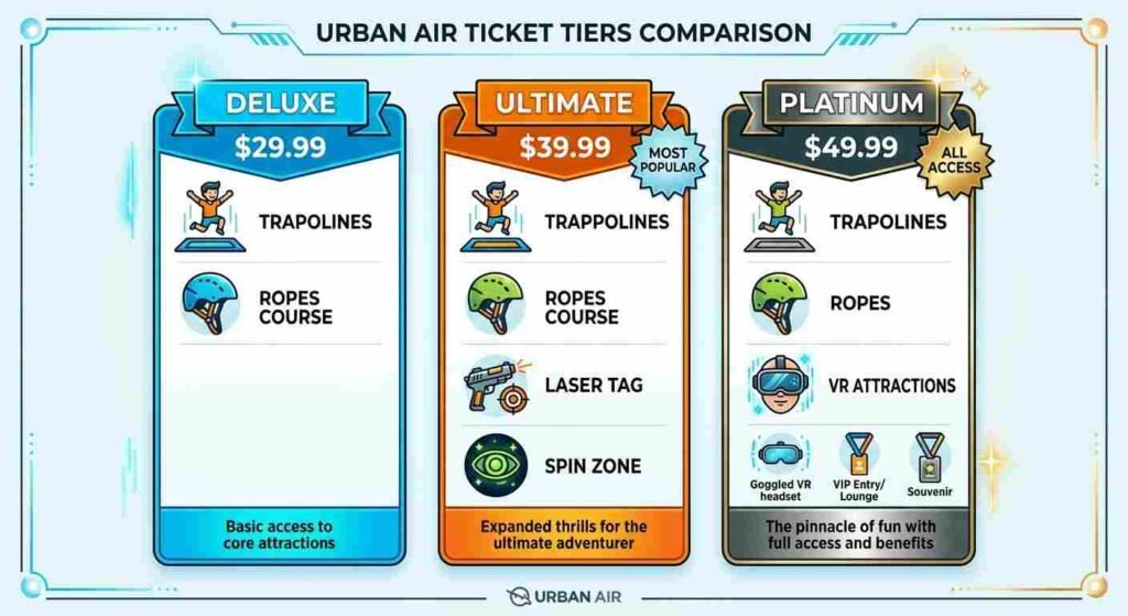 Urban Air ticket tiers comparison Deluxe Ultimate Platinum pricing