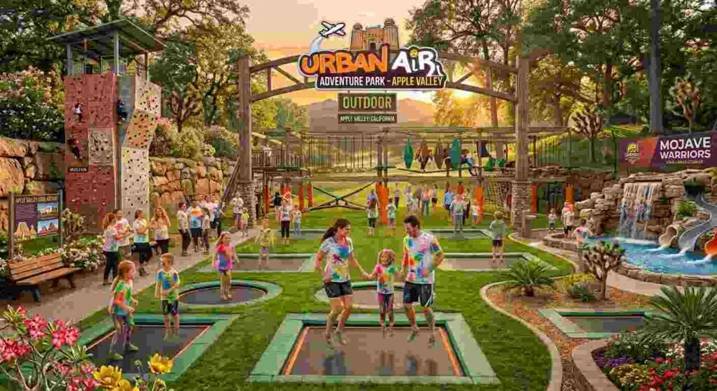 Interior overview of an Urban Air adventure park depicting multiple activity zones