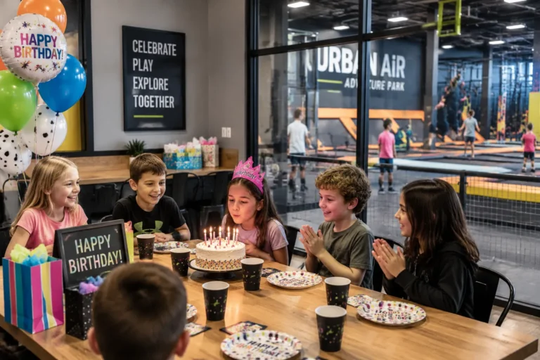 Urban Air Birthday Party Guide: Packages, Prices & Discounts 18 Kids celebrating at an Urban Air birthday party in a reserved party room