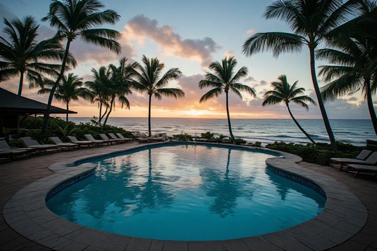 Hawaii Travel Guide 2026: Everything You Need Before Your Island Vacation 4 Oceanfront resort pool with palm trees at sunset in Hawaii