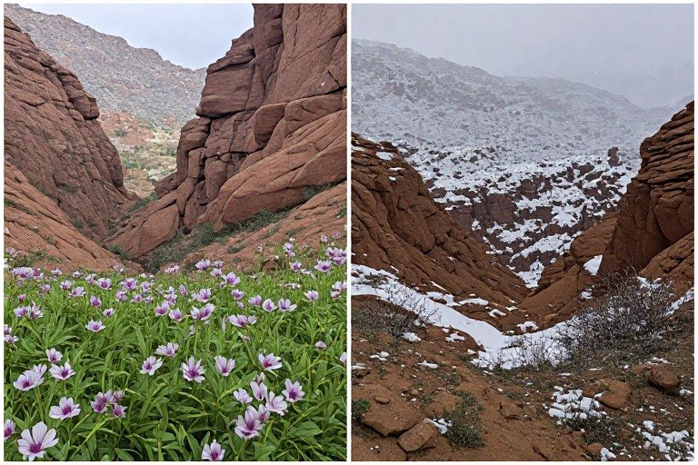 Utah Travel Guide 2026: Everything You Need Before Visiting Utah’s Mighty 5 1 Red rock canyon shown in both spring bloom and light winter snow