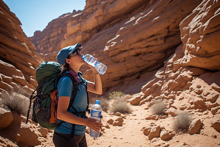Utah Travel Guide 2026: Everything You Need Before Visiting Utah’s Mighty 5 4 Hiker drinking water from a hydration pack near a slot canyon in Utah