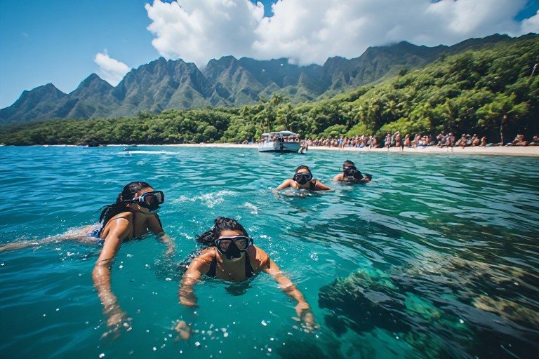 Hawaii Travel Guide 2026: Everything You Need Before Your Island Vacation 6 Tourists snorkeling near a coral reef in clear Hawaiian waters
